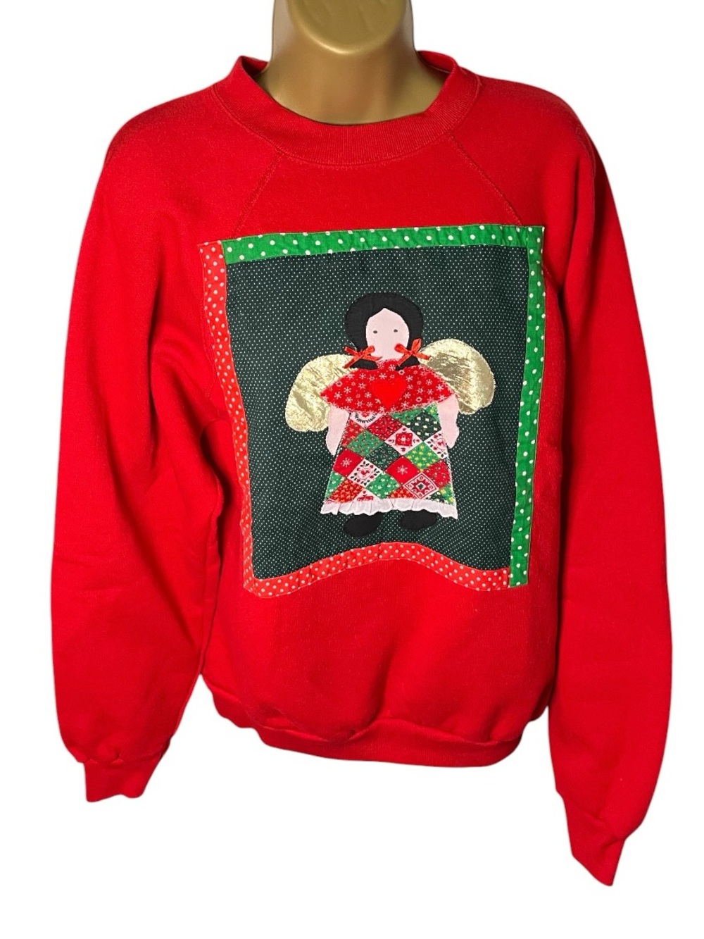 Vintage 90s Tultex Raglan Sweatshirt Christmas Angel Appliqué Red L